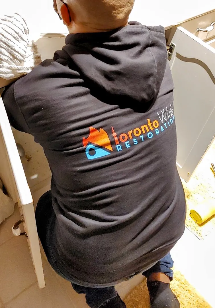 Restoration technician wearing branded Toronto Wide Restoration hoodie during emergency response work
